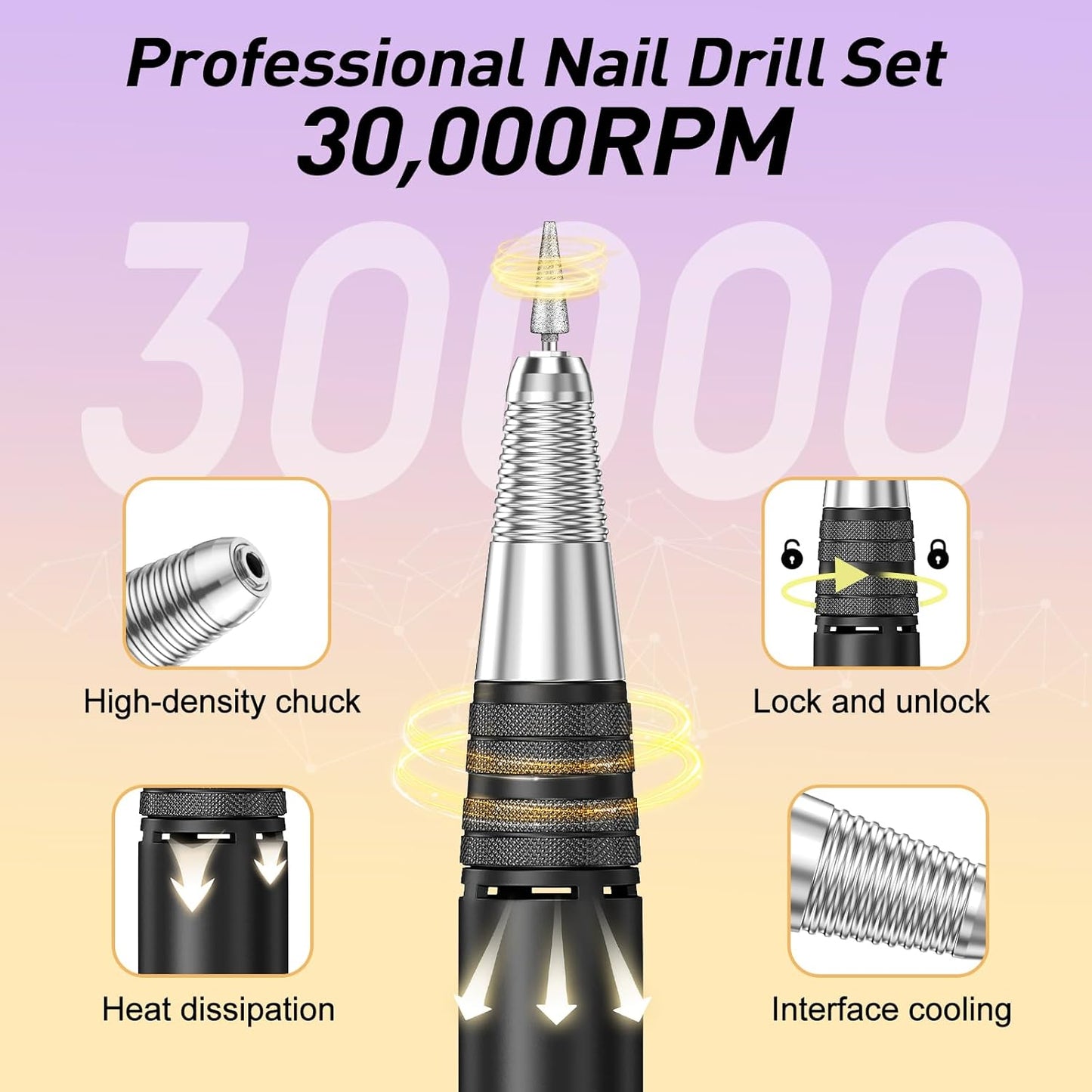 JIASHENG Professional Nail Drill, 30000rpm Nail Drill Machine for Nail Tech Supplies, Acrylic Electric Efile Nail Drill for Polishing Shaping Removing Acrylic Nails Poly Nail Gels
