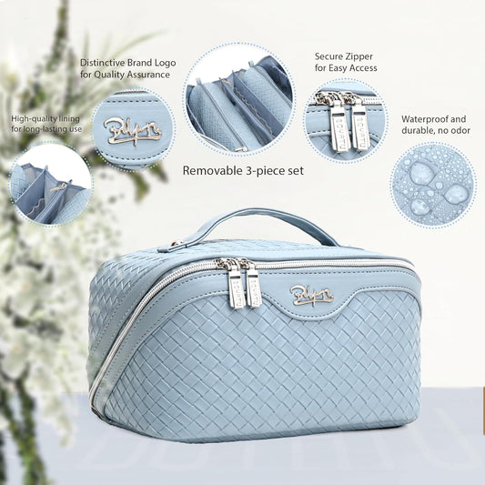 BOYATU Travel Makeup Bags for Women: Large Makeup Organizer - PU Leather Make up Bag Set of 3 - Portable Toiletry Bag with Compartments & Handle & Divider (L04 Light Blue)