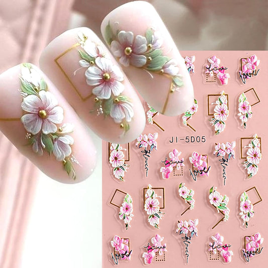 Flower Nail Art Stickers Decals 5D Embossed Nail Decals 6 Sheets Spring Summer Self-Adhesive Nails Design Accessories 3D Flowers Stickers for Women Nails Decoration
