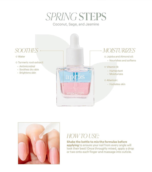 Apres Light & Shadow Cuticle Serum, Nourishing Blend of Almond and Jojoba Oil, Vitamin B and Turmeric, Cuticle Repair Oil 15 mL (15 ml, Spring Steps (Coconut, Sage, and Jasmine))