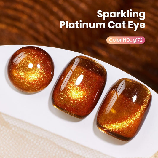 Beetles Brown Cat Eye Gel Nail Polish - Amber Glint Cat Eye Gel Polish, 15ML Fall Brown Gold Powder Magnetic Glitter Gel Polish Soak Off UV French Nail Art Salon DIY Manicure Gift for Women
