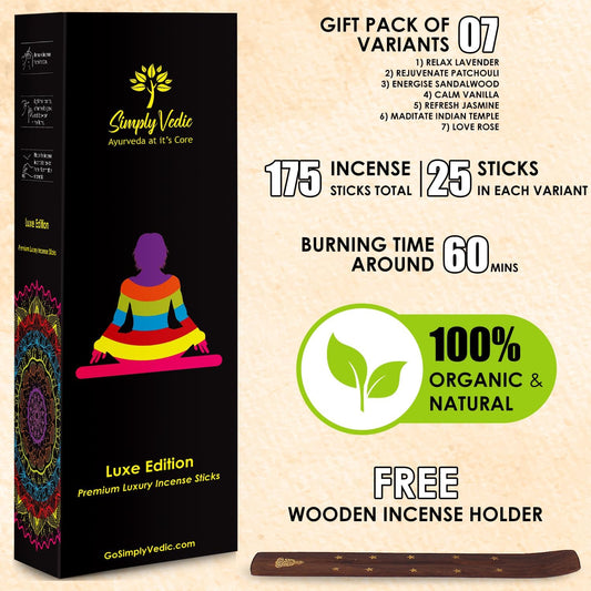 Luxe Incense Sticks Set – 175 Hand-Rolled Natural Incense with Holder | 7 Fragrances: Lavender, Sandalwood, Jasmine, Rose, Vanilla, Patchouli, Indian Temple | Aromatherapy, Meditation, Yoga, Gift
