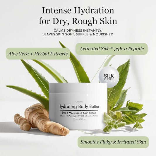 Hydrating Silk Peptide Body Butter - Lightweight Non-Greasy Moisturizer with Aloe Vera, Vitamin E & Herbal Extracts for Dry, Rough, and Sensitive Skin – Deep Nourishment Body Glaze & Hydration
