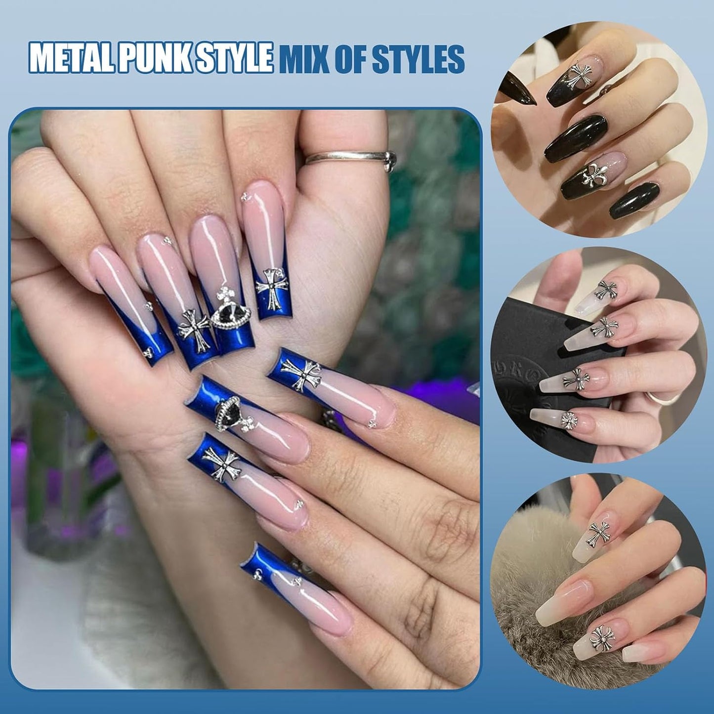 Artdone Nail Art Studs Kit, 3D Silver Cross Nail Charms and Star Gems Bulk Nail Jewels Shiny Crosses for DIY Professional Manicures Decoration