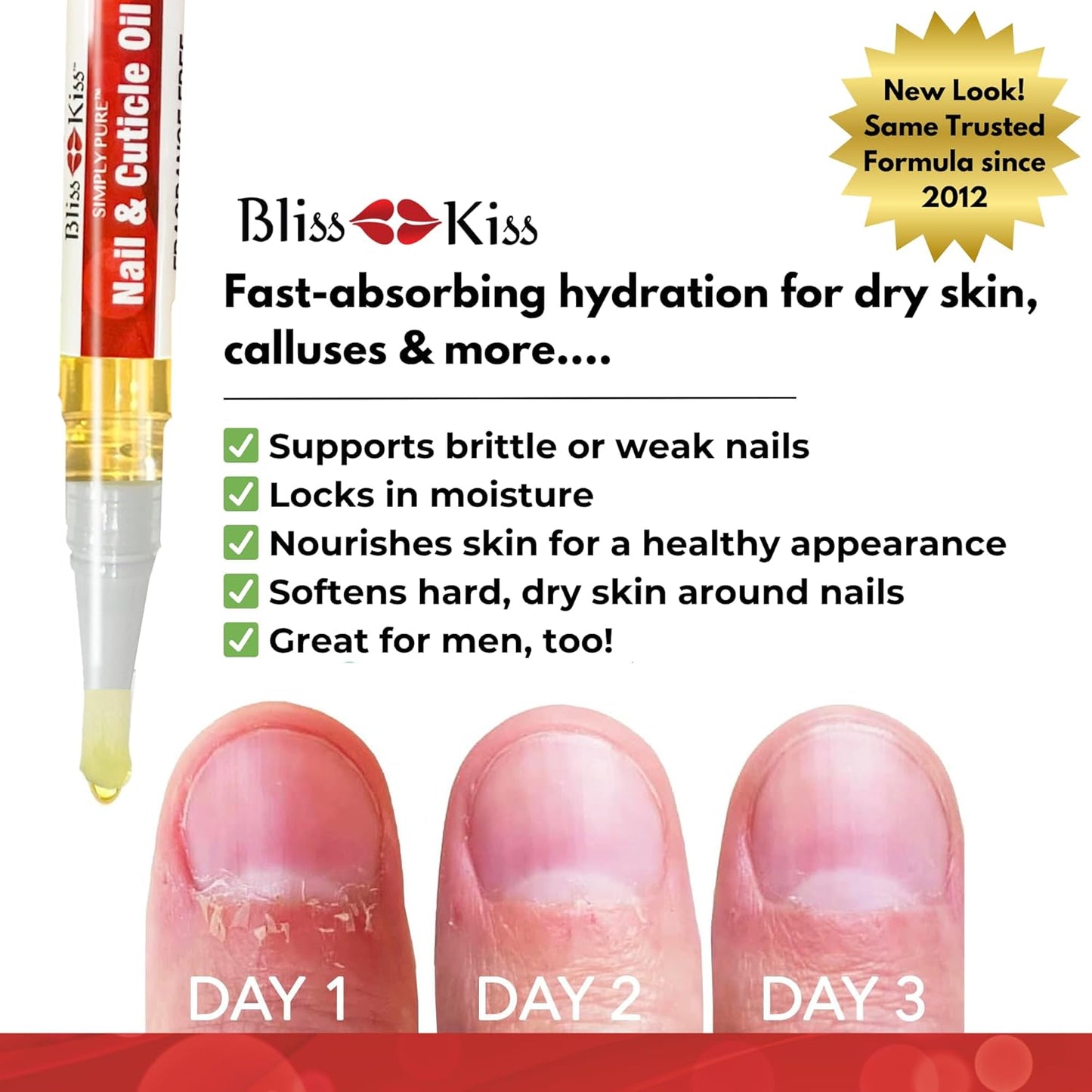 Bliss Kiss | 1 Fragrance Free | Nail Oil Cuticle Pen w/Vitamin E & Jojoba⏤Nail Strengthener Nail Growth Serum for Brittle Peeling Breaking Thin Nails