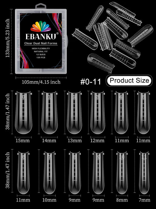 EBANKU 100 PCS Clear Nail Extension Form Tips Dual Nail Mold Full Cover UV Polygel Gel Tools Acrylic Nail System Forms Set with Black Dual-Ended Polygel Brush & Picker 5Pcs Nail Tips Clip (Coffin