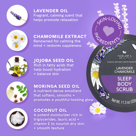 Nature's Beauty Lavender Chamomile Sleep Body Scrub Multi-Pack - Gently Exfoliate, Moisturize & Sooth Combination to Dry Skin, Made w/Coconut, Jojoba + Moringa Seed Oils, 11.3 oz (2 Pack)