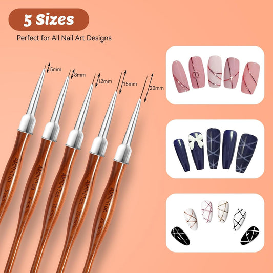 Nail Art Liner Brushes, 5Pcs Wooden Nail Brushes for Fine Drawing & Detailed Nail Art, Gel Polish Painting Tools for Long Lines & Nail Design Sizes 5/8/12/15/20mm(Wood color)