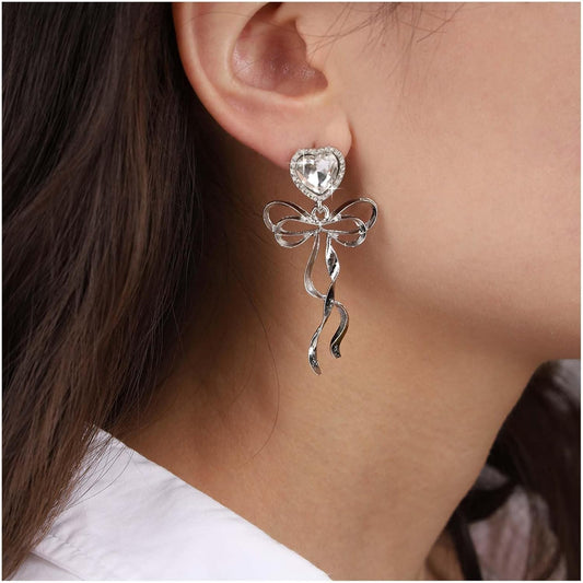 Vintage Crystal Bow Dangle Earrings Rhinestone Heart Stud Earrings Silver Cz Heart Love Earrings Large Bowknot Earrings Jewelry for Women