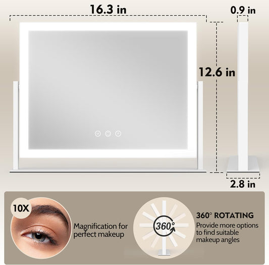 Lighted Makeup Mirror, 16.3"x12.6" Hollywood Vanity Mirror with Lights, 10X Magnification, 3 Color Lighting Modes, Smart Touch Control, 360° Rotation for Bedroom or Tabletop (White)