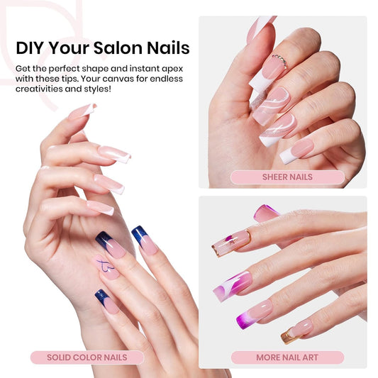 Beetles Tipex Nail Kit, Square Medium Nail Tips 224 Pcs 16 Sizes Pre-Etched Fake Nails with Tipex Nail Glue Mini Nail Lamp - Thick Acrylic Nail Set Pre-Builder Gel Press-on Nails