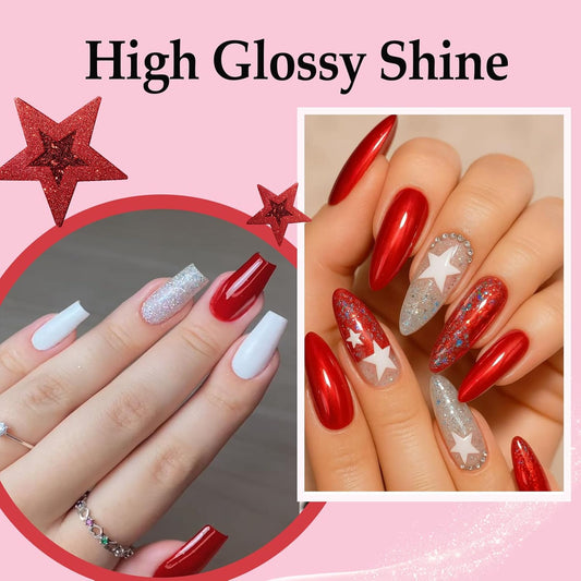 AZUREBEAUTY Dip Powder Nail Starter Kit Berry Red Milky White Silver Glitter, 4 Colors Dipping Powder Set, French Nail Art Base Top Coat Activator Essential Liquid Manicure No Lamp Needed Salon