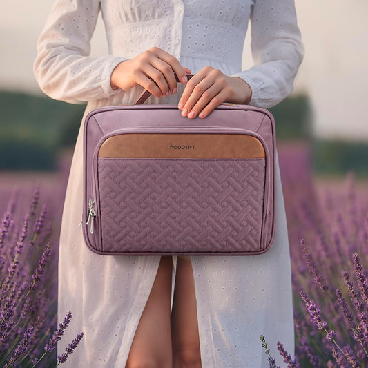 Travel Hanging Toiletry Bag for Women, with Jewelry Organizer Compartment, Medium Waterproof Hanging Makeup Accessories, Cosmetic Essentials, Toiletries Dopp Kit Set with Trolley Belt, Dark Purple