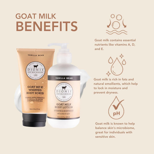 Dionis - Goat Milk Skincare Vanilla Bean Scented Sugar Scrub & Lotion Set (6 oz and 8.5 oz) - Made in the USA - Cruelty-free and Paraben-free