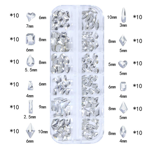 HNUIX Nail Rhinestones - 3D Multi Shape Size, Crystal Clear Nail Gems, Flat Back, with Kit, for Nail Art, DIY Decorations