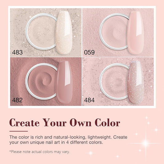 AZUREBEAUTY Dip Powder Nail Kit Starter, All Season Nude Skin Glitter 4 Colors Dipping Powder Liquid Set Recycling Tray with Base & Top Coat Activator for French Nail Art Manicure Salon DIY at Home.