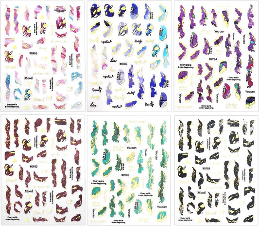 3D Marble Nail Stickers - 6 Color Marble Decals, Blooming Nail Art, Bronzing & Watercolor Smudge Resistant, Self-Adhesive Gold Foil Designs