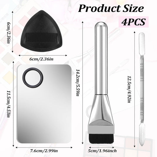 4 Pcs Makeup Foundation Mixing Palette Set Including Make Up Spatula, Makeup Brush, Palette Tray, Powder Puff, Foundation Makeup Mixing Palette, Makeup Palette Tray (Stainless Steel)
