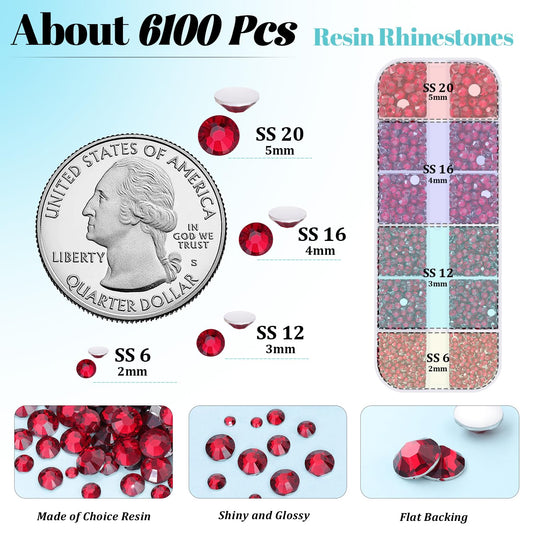 6100Pcs Resin Rhinestones for Crafting with 2Pcs 10ml B7000 Jewelry Glue, 1 Box Flatback Crystals Diamond (Dark Red) for Bedazzling Crafts DIY Nail Art,Non Hotfix Gems for Clothing Shoes Tumblers