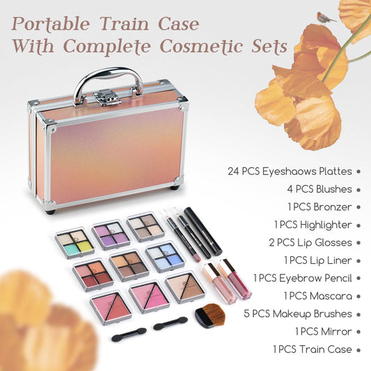 Color Nymph Beginner Makeup Kits For Teens With Train Case Included Full Makeup Kit Eyeshadow Palette Blushes Bronzer Highlighter Lipstick Brushes Mirror(Gold)