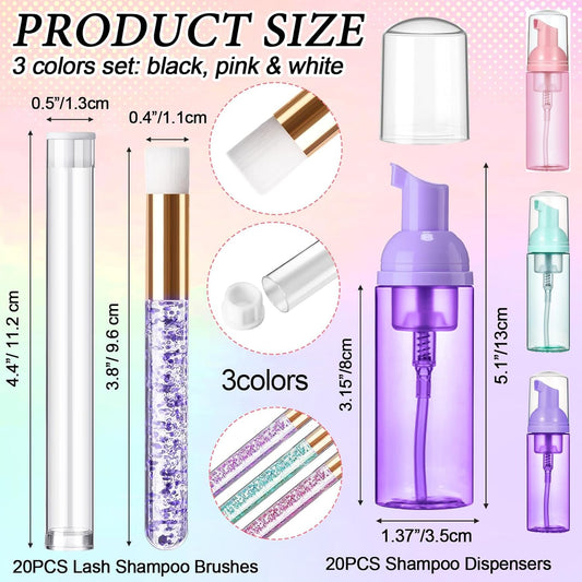 Zhehao 80 Pcs Lash Shampoo Bottle Brushes Kit 20 Foam Pump Dispensers 20 Lash Shampoo Brushes 20 Eyelash Aftercare Bag 20 Cleaning Pipes, Eyelash Extension Supplies (Mixed Colors)