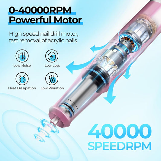 Electric Nail Drill Professional: Shiny 40000RPM Electric Nail File Kit E File Nail Drill Machine with LCD Display for Acrylic Gel, Manicure Pedicure Polishing Grinder for Salon Home, Diamond
