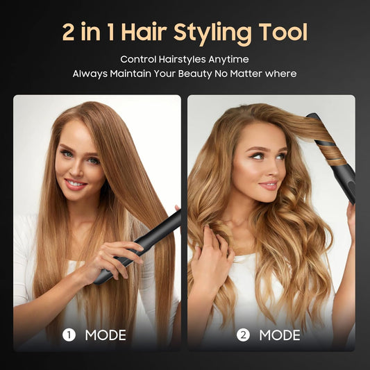 Cordless Hair Straightener and Curler 2 in 1, Titanium Flat Iron with Fast Heating, 4 Adjustable Temperature, Rechargeable Straightener for All Hair Types, Portable Styler for Travel (Black)