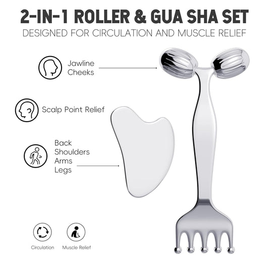 Pain Relief Massage Tool Set – Stainless Steel Gua Sha Scraper & Dual-Ended Face Roller for Muscle Tension, Circulation, and Myofascial Therapy – External Use for Jaw, Neck, Shoulders & Body Recovery