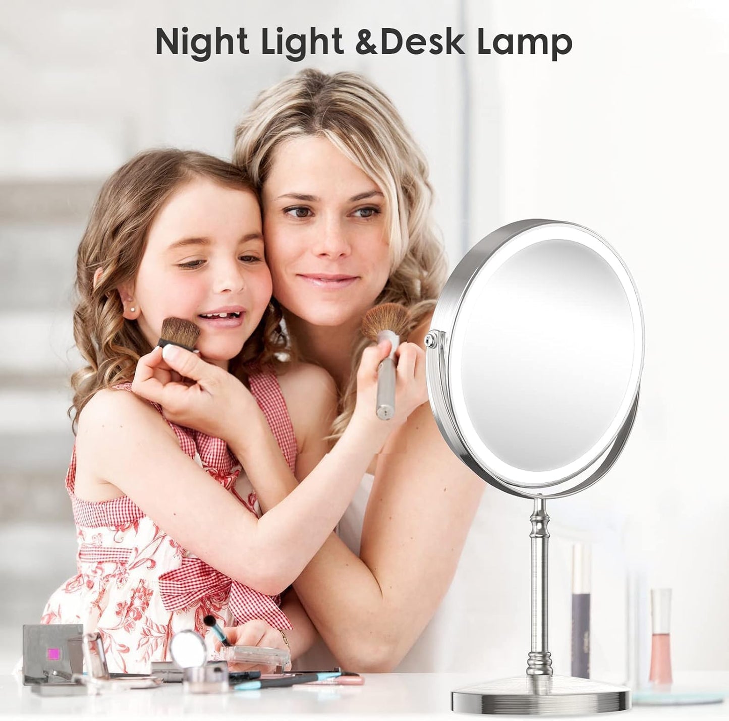 Lighted Makeup Mirror, 3000 mAh Rechargeable Double Sided Magnifying Vanity Mirror with 3 Colors, 1x/10x, 360° Rotation , Brightness Adjustable Magnification Cosmetic Light up Mirror, Women Gift