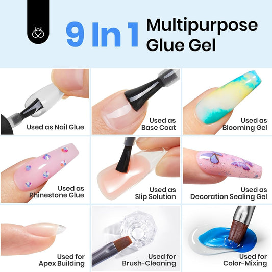 beetles Gel Polish 9 in 1 Gel Nail Glue for Clear Acrylic Nails Tips, Long Lasting Super Strong Brush Nail Glue for Fake Nails, Base Blooming Nail Gel, New Safe Formula, U V Light Cure