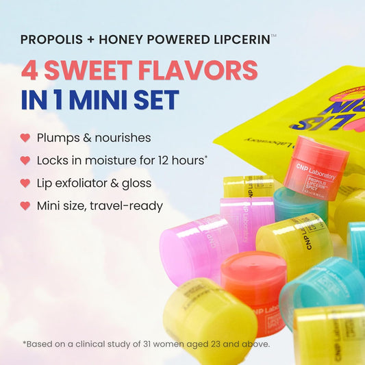 CNP Honey Lip Butter Mini Set – Propolis Lipcerin™ Travel-Size (4 Flavors), Hydrating Overnight Manuka Lip Balm & Mask, 12hr Long-lasting Moisture, Korean Skincare, 0.15 fl.oz. x 4 ea