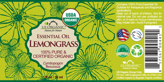 US Organic 100% Pure Lemongrass Essential Oil, USDA Certified Organic, Extracted by Steam Distillation Method, for Hair, Nail Polish Remover, Bees Attraction, and More. 30 ml