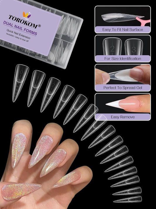 TOROKOM 150Pcs Poly Extension Gel Dual Nail Forms Clear Nail Forms Full Stiletto Nail Molds 15 Sizes for Gel Manicure Nail Art Design Salon&DIY