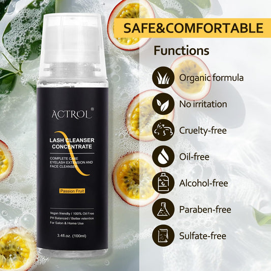 Eyelash Cleanser Concentrate 100ml Passion Fruit Professional Lash Shampoo Foaming Cleanser Lash Wash Concentrate for Extensions Lashes with Salon Home Care-Makes 40 Bottles Passion Fruit