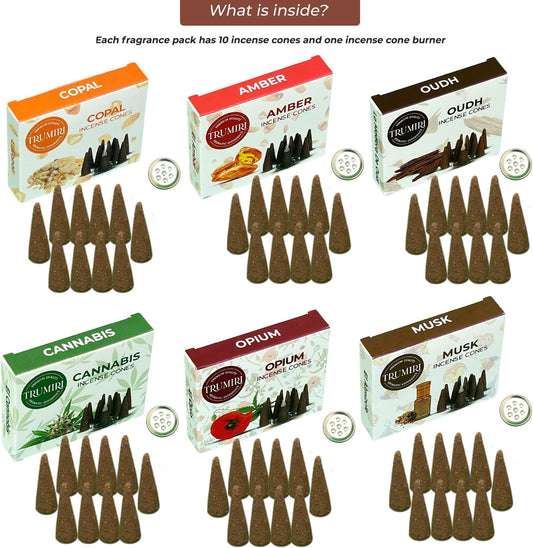 TRUMIRI Exotic Incense Cones - Variety Pack - Total 60 Cone Incense (6 Scents x 10 Conos) - Copal, Oud, Musk, Amber - Cone Incense Scents - Insense Cones - Incent Cone