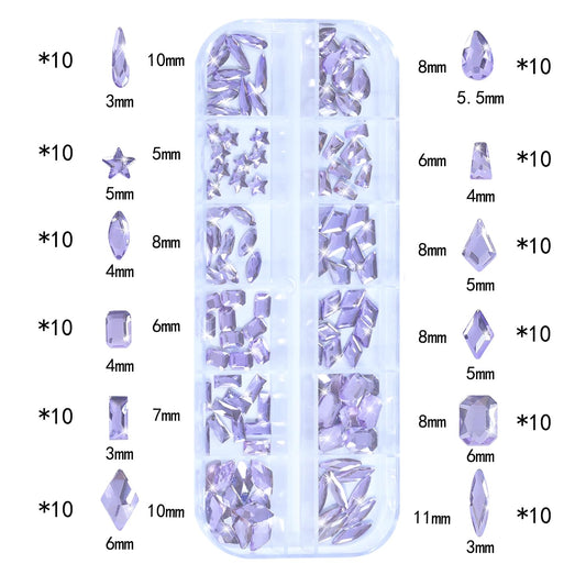 HNUIX Nail Rhinestones - 1600pcs 3D Multi Shape Size, Light Purple Nail Gems, Flat Back, with Kit, for Nail Art, DIY Decorations