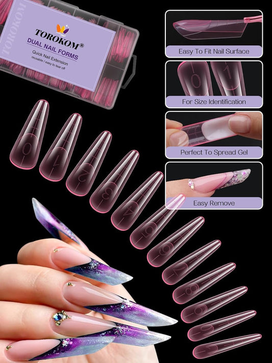 TOROKOM Poly Nail Gel Dual Nail Forms, 120 PCS Poly Nail Gel Stelitto Structure Nail Molds for Builder Gel Poly Extension Gel Nail Art Design Salon&DIY