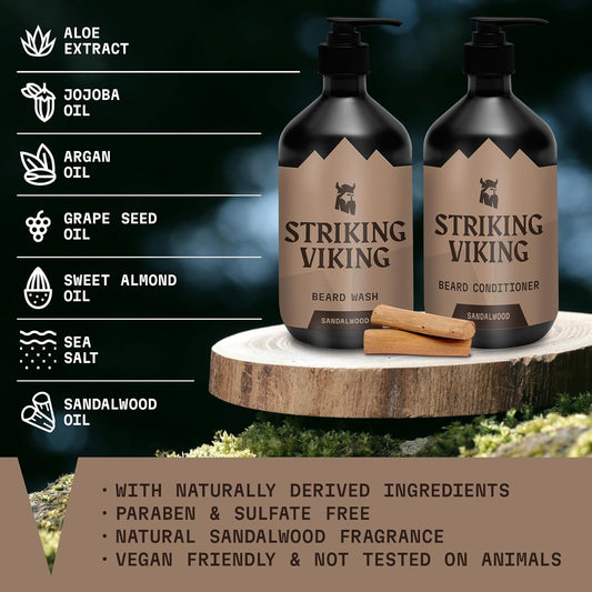 Striking Viking Beard Care Set (Sandalwood) - Paraben & Sulfate Free Shampoo with Jojoba Oil - Deep Clean for All Beard Types (10oz Per Bottle)
