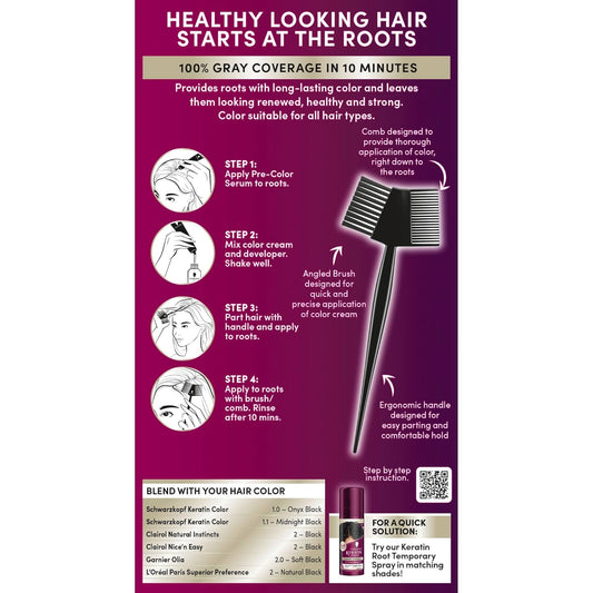 Schwarzkopf Keratin Color Root Permanent Hair Color Kit, Black, 1 Application - Salon Inspired Permanent Hair Dye, for up to 80% Less Breakage vs Untreated Hair and up to 100% Gray Coverage