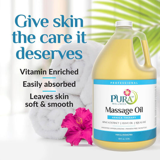 Wellness Professional 128oz Arnica Massage Oil, Arnica Oil for Bruising, Unscented, Deep Tissue Massage, for Therapy, Hypoallergenic, for Physical Therapy, Natural, Skin Moisturizing