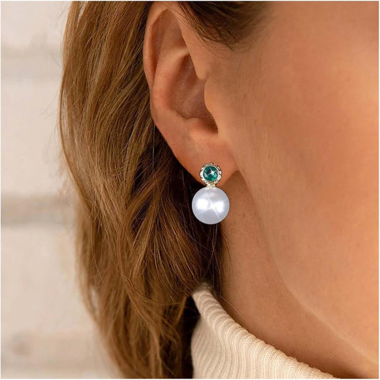 Vintage Emerald Pearl Earrings Gold Pearl Drop Earrings Green Emerald Studs Earrings Rhinestone Pearl Emerald Earrings Jewelry for Women