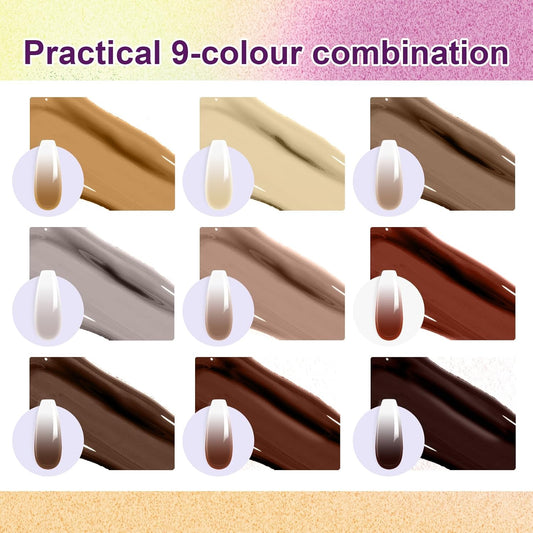 Gradient Painting Gel, 9 Colors Ombre Gel Nail Polish Almond Cream Brown for Pigment Pat Aura Nails French Manicure Soak Off UV Home Salon DIY Nail Art Coconut Latte