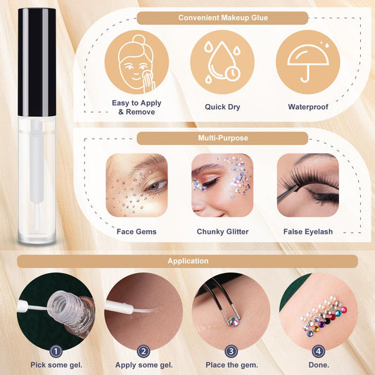 4500pcs Face Gems for Makeup with Glue, 2-5mm Round Glass Crystal AB + Clear + Mixed Color Chameleon Rhinestones & 4 Colors Cosmetic Chunky Glitter with Dotting Tools, Jewels for Make-up, Nail Art