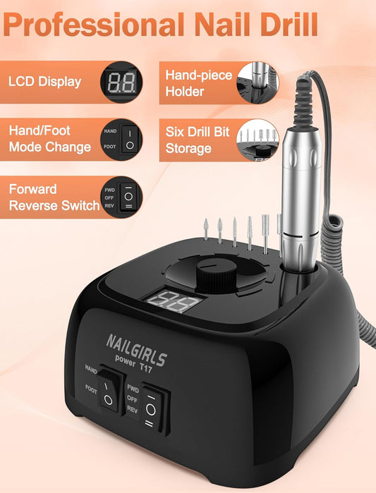 NAILGIRLS Nail Drill,35000RPM Professional Nail Drill Machine with Speed Display,Electric Nail File Set for Acrylic Nails Gel Nails, Polishing Shaping (Black)