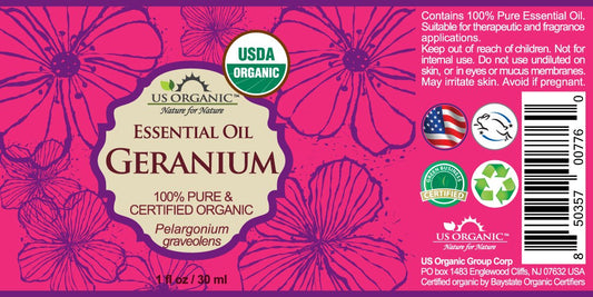 US Organic 100% Pure Geranium Essential Oil - USDA Certified Organic, Steam Distilled - W/Euro droppers (More Size Variations Available) (30 ml / 1 fl oz)