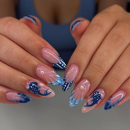 Semi Cured Gel Nail Strips with Shark Designs Gel Nail Stickers Blue Glossy French Tip Salon Quality & Easy to Use 20 Pcs for Women