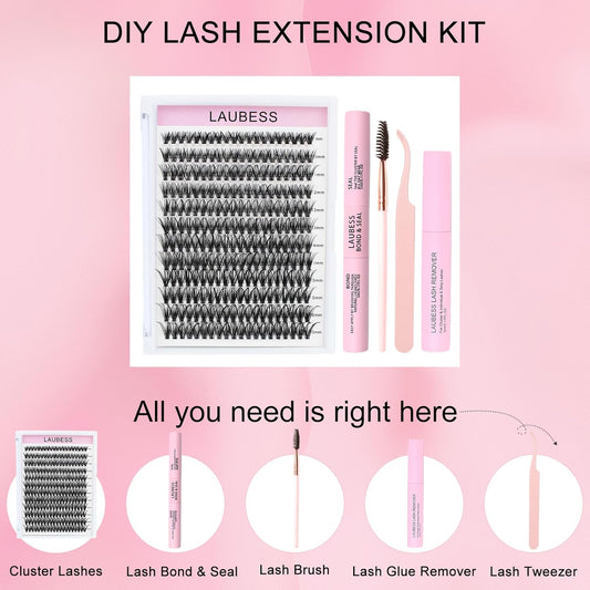 Lash Extension Kit LAUBESS Lash Clusters Kit Cluster Eyelash Extensions Kit Eyelash Clusters Lash Bond and Seal Waterproof Tweezers Brush Lash Glue Remover (Kit 40D-D-Mix14-18)
