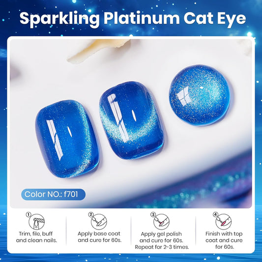 Beetles Blue Cat Eye Gel Polish, 15ML Blue Cat Eye Glitter Gel Polish with Magnet Soak Off UV Shimmer Velvet Gel Stellar Blue Series French Nail Art Manicure Gifts for Women