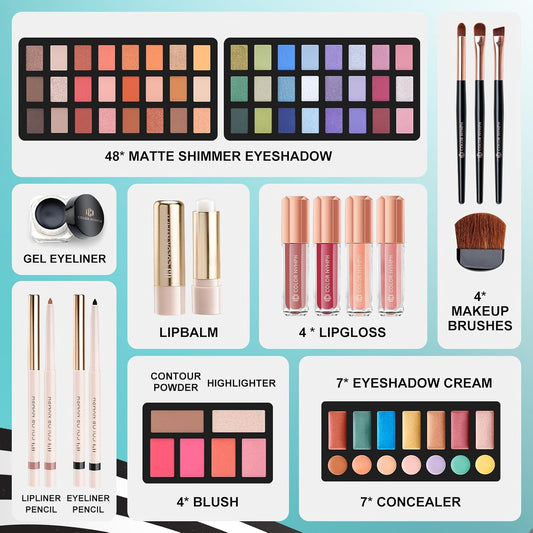 Color Nymph All In One Makeup Kit Comestics Gifts for Girls Teens, Travel Makeup Set 4 Trays Train Case for Beginner Includes Eyeshadow Highlighter Lipgloss Blush Concealer Brush Eyeliner Lipbalm