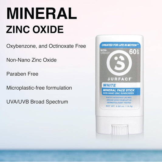 Surface Mineral Sunscreen Face Stick SPF 60, Lightweight Non-Nano Zinc Oxide Formula, Reef Friendly, Broad Spectrum UVA UVB Protection, Water Resistant Sun Care for 80 Minutes, Clear, 0.5oz